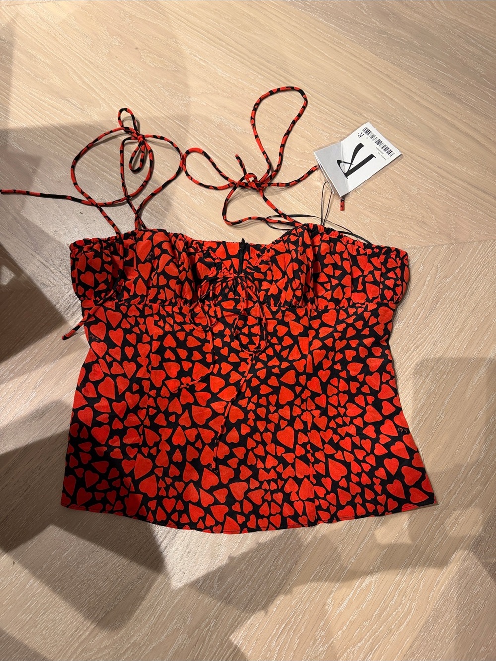 Realisation Par Red and Black Heart-Print Tie-Strap Cami